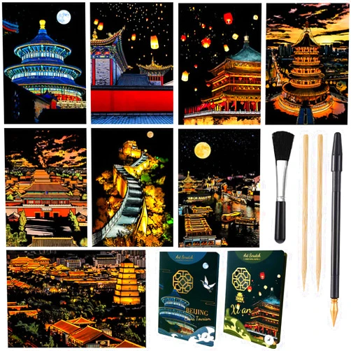 VTEAS 8 Sheets Scratch Art Painting Cards Kits for Adults & Kids, Rainbow China Forbidden City Ancient Capital Scratchboard(7.9 x 5.5 inch) with 4 tools - Tourist Souvenirs Magical Journey (Beijing / Xi'an)