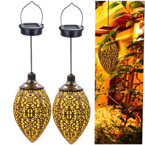 Morework 2 Pcs Hanging Solar Lights Solar-Powered Lantern LED Garden Lights Metal Lamp Waterproof for Outdoor Hanging Decor