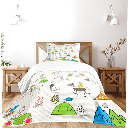 Lunarable Happy Camper Bedspread, Active Lifestyle Doodles Tent Campfire Mountains Hills Holiday Illustration, Decorative Quilted 2 Piece Coverlet Set with Pillow Sham, Twin Size, Green Ivory