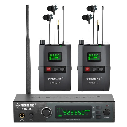 Phenyx Pro Wireless in Ear Monitor System, True Stereo UHF IEM, in Ear Monitors for Musicians, Metal Stage Monitor w/ 89 Frequencies, Rack Mount, for Studio/Band (2 Bodypacks with Transmitter)