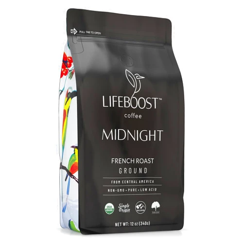 Lifeboost Midnight French Roast Coffee Ground - Non-GMO Single Origin USDA Organic Low Acid Coffee French Roast - Third Party Tested For Mycotoxins & Pesticides - 12 Ounces