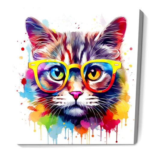 XBUMHOAL Cat With Glasses Canvas Wall Art Animal Graffiti Posters Cute Cats Pictures Animals With Glasses Canvas Art Colorful Cat Print Funny Animal Artwork Watercolor Cat Painting Decor 16x16inch No Frame