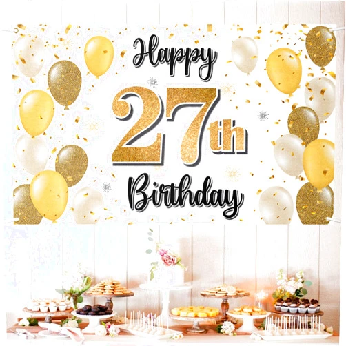 LASKYER Happy 27th Birthday Decorations,27th Gold Balloon Large Birthday Banner Backdrop Sign,27 Years Old Bday Party Supplies.