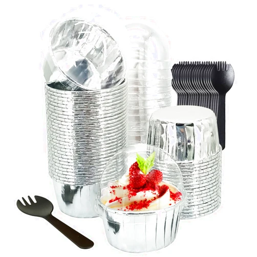 LNYZQUS 50 Pack Foil Cupcake Liners With Dome Lids,LNYZQUS 5.5 Oz Large Muffin Cups Cupcake Cups,Disposable Muffin Tins Foil Ramekins Pans Cupcake Wrappers Holders,Cupcake Baking Cups-Silver