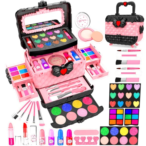 Dpai 54 Pcs Kids Makeup Kit for Girls, Princess Real Washable Pretend Play Cosmetic Set Toys with Mirror, Non-Toxic & Safe, Birthday Gifts for 3 4 5 6 7 8 9 10 Years Old Girls Kids (Pink)