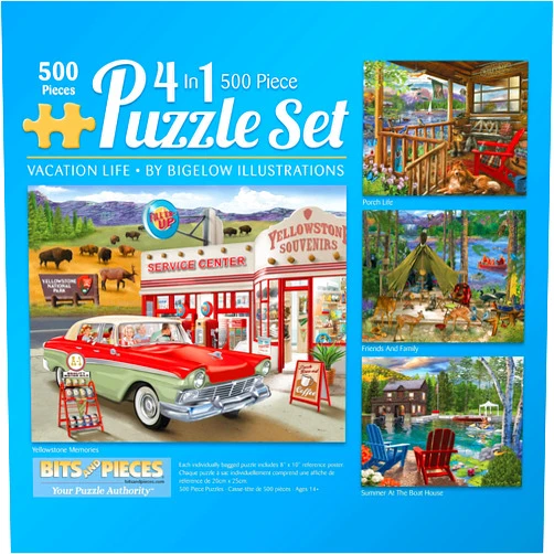 Bits and Pieces – 4-in-1 Multi-Pack 500 Piece Jigsaw Puzzles for Adults – Jigsaw Puzzle Set Bundle by Bigelow Illustrations, Completed Puzzle Size: 16