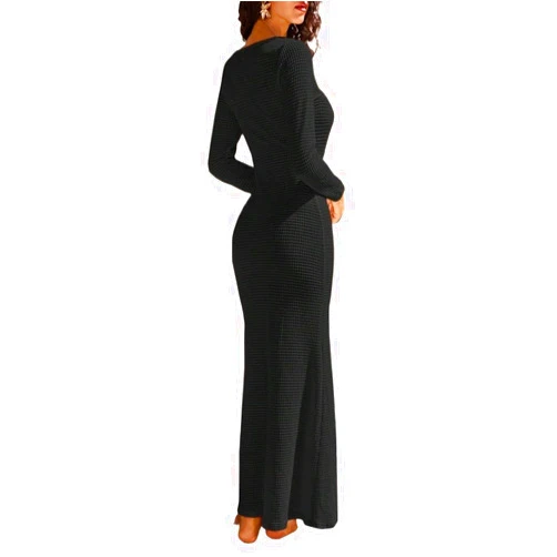 Generic Fall Long Sleeve V-Neck Cutout Dresses for Women Winter Solid Color Knit Dress Vacation Maxi Dress