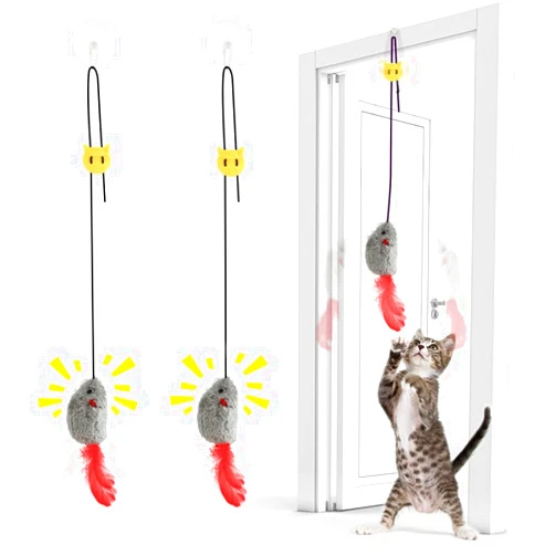 FYNIGO Self Play Cat Toys,2 Pack Door Hanging Cat Mouse Toy with Squeaky Sound,No Batteries Required,Interactive Cat Enrichment Toys for Bored Indoor Adult Cats,Cat Boredom Toys Mice with Feather Tail