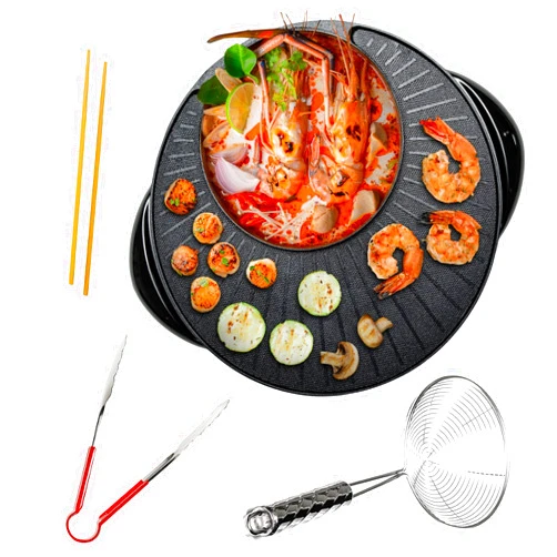 OVENTE Electric Hot Pot and Grill Combo, 2-in-1 Portable Countertop Cooker with Temperature Control Perfect for Korean BBQ, Shabu Shabu and Soup with Free Strainer, Chopsticks and Tong, Black GH10133B