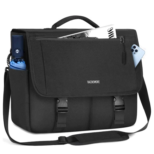 RAINSMORE Messenger Bag for Men Messenger Bag 15.6 Inch Water Resistant Laptop Bag Casual Satchel Bags for Men Large College Computer Bag Office Work Briefcase Fashion Crossbody Shoulder Handbag Black