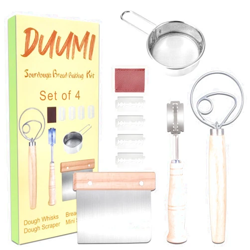 DUUMI Danish Dough Whisk - Bread Whisk Set of 4 pieces,Including Dough Whisk,Sourdough Bread Scraper,Bread Lame,and Powder Sugar,Dough Scoring Tool with 5 Replaceable Blades for Pastry,Sourdough