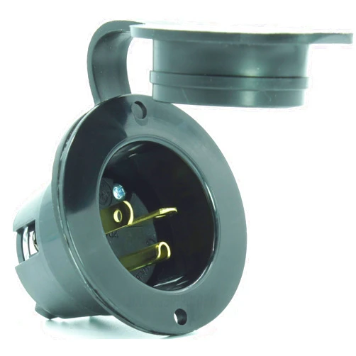 Journeyman-Pro 5378 20 Amp 120-125 Volt, NEMA 5-20P Flanged Inlet, 2500 Watt Black RV/Marine Commercial Grade, Straight Blade Plug Charger Receptacle (w/Back & Front Cover)