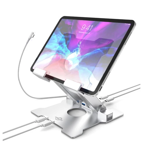 KABCON Tablet Stand with USB/USB C Hub,Adjustable Desktop Holder with USB 3.0,USB 2.0,USB-C 2.0,USB-PD,Docking Station for iPad Pro Air,MacBook Pro Air,Microsoft Surface,Tabs Up to 15''