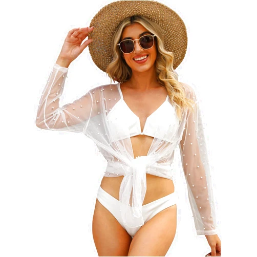EDIMENS Bathing Suit Cover Ups for Women Long Sleeve Pearls Sheer Mesh Beach Cover Ups Swimwear Swimsuit Coverup for Women