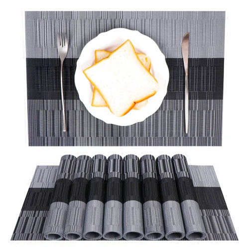YeaBerr Placemats Set of 8, Bamboo Vinyl Woven Wipeable Heat-Resistant Place Mats, Stain Resistant Washable Table Mats for Dining Table Kitchen Indoor Decor, Grey and Black