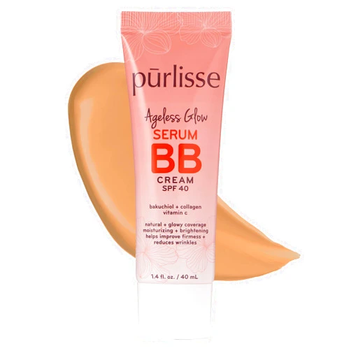 pūrlisse Ageless Glow Serum BB Cream SPF 40 : Clean & Cruelty-Free, Full & Flawless Coverage, Hydrates with Collagen | Medium Golden 1.4oz