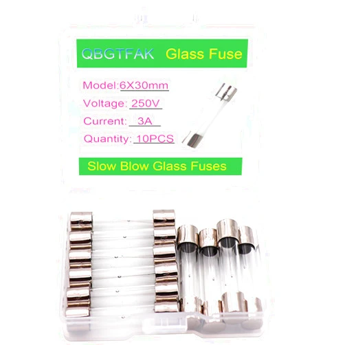 QBGTFAK 10 Pack T3AL250V 6x30 mm 3A 250V Fuses 0.24x1.18 Inch 3A amp 250 V Slow Blow Glass Fuses (3A)