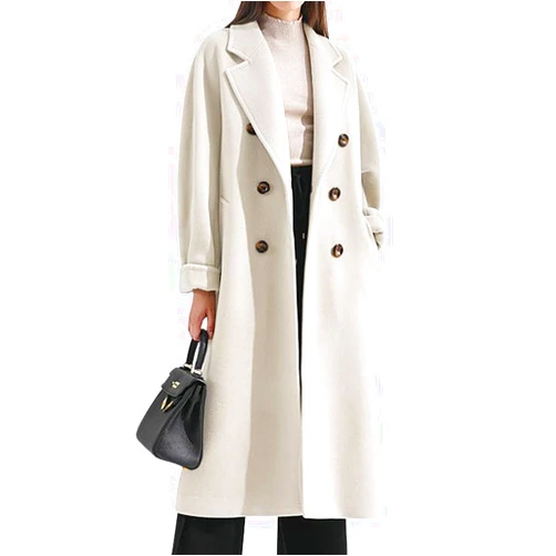 chouyatou Women's Winter Double Breasted Wool Coat Business Casual Midi Long Winter Trench Coat with Belt