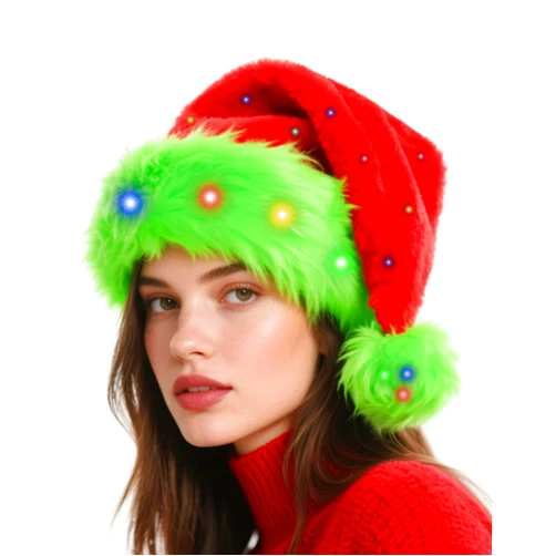 Hikkcos Light Up Christmas Santa Hat Led Green Lime Santa Hat with Colorful Light for Adults Xmas New Year Party Headwear