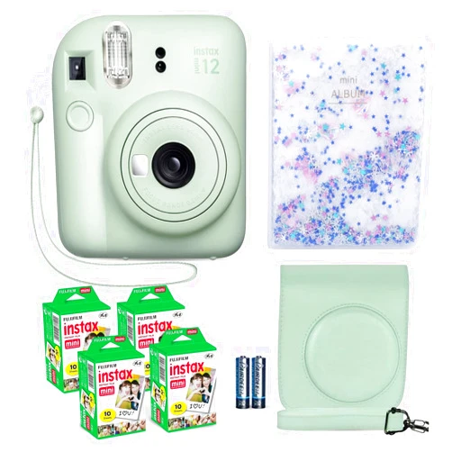 Fujifilm Instax Mini 12 Instant Camera Mint Green + Fuji Film Value Pack (40 Sheets) + Shutter Accessories Bundle, Incl. Compatible Carrying Case, Quicksand Beads Photo Album 64 Pockets