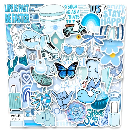 POBOKI 115Pcs Danish Pastel Blue Stickers, Vinyl Blue Aesthetic Graffiti Stickers Decals for Laptop Water Bottle Bumper Luggage Computer Skateboard Snowboard. Gift for Kids Girls Teens