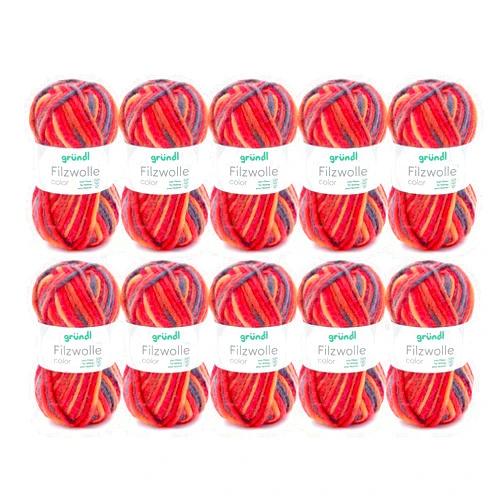 Grundl Gründl Color, Value Pack: 10 Balls of 50 g Felt Wool, Red, Orange, Black Multicoloured, 31 x 32 x 6 cm