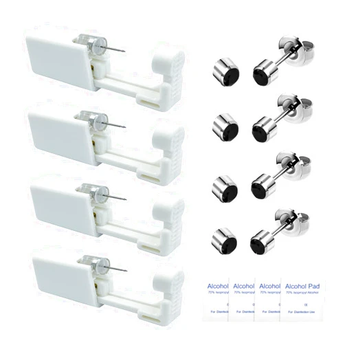 GCHSSS 4 Pack Ear Percing Kit, Includes Black 4mm Built-In Earrings, Safety Ear Piercing Kit Gun