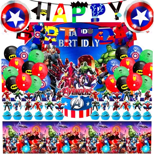 Leuaxmy 46Pcs superhero Birthday Party Supplies, Avengers Party Decorations Set Include Banner, Backdrop, Balloons, Hanging Swirls, Cake Cupcake Toppers, Tablecloth for Boys Girls Avengers Theme Party