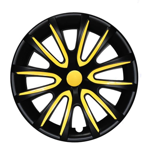 OMAC - Matt Black with Yellow Hub Caps 15 Inch Set of 4, Tapas para Rines 15, Premium Wheel Covers 15 Inch, R15 Rim Cover Set, Snap On Durable Car Replacement Exterior Accessories