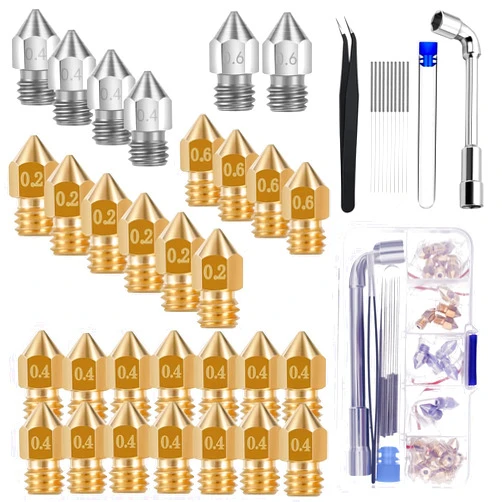 XINKYD 30pcs 3D printer nozzles mk8 nozzle Brass + Stainless steel 0.2mm 0.4mm 0.6mm for Ender 3 V2 /Ender 3/Ender 3 Pro/Ender 3 Max/Ender 5 Pro/Ender 3 S1/Ender 3 Neo/CR 10 Seriesand so on…