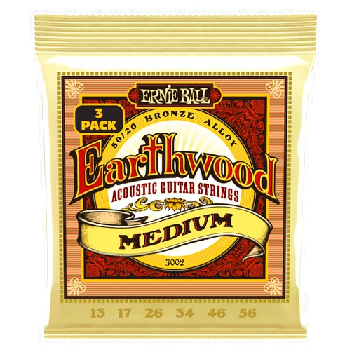 Ernie Ball Earthwood Medium 80/20 Bronze Acoustic Guitar Strings 3-pack, 13-56 Gauge (P03002)