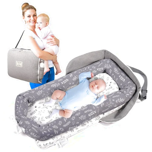 Dr. Pure Baby Lounger Diaper Bag for Newborn: Portable Foldable Travel Nest Bed for Infants Toddler 0-12 Months 100% Cotton Breathable - Indoor & Outdoor Use (Plant-Grey Baby Lounger nest)