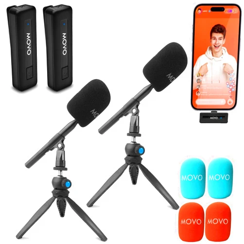 Movo Wireless Mini Wireless Microphone for iPhone Podcast Equipment Bundle with WMX-HM Handle/Desktop Mic Stand - Wireless iPhone Mics for Podcasting, Interviews, and Content Creation (Lightning)