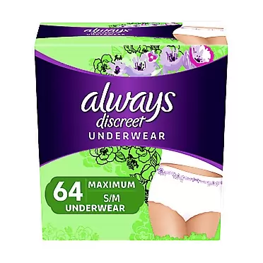 Always Discreet Incontinence & Postpartum Incontinence Underwear for Women, Small/Medium, Maximum Protection, Disposable (32 Count, Pack of 2-64 Count Total) Small/Medium (64 Count)