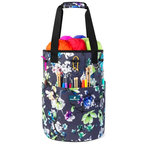 PAVILIA Crochet Bag Knitting Bag Organizer, Yarn Bag Storage Tote for Crocheting On The Go, Knitting Accessories Supplies Holder with Grommets, Gift for Crochet Lovers Knitters (Floral Gray)