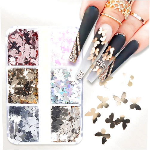 Tyuimhx 6 Colors Butterfly Nail Art Glitter Sequins Sparkly Holographic Butterflies Nail Glitter Flake 3D Laser Confetti Glitter Stickers for Acrylic Nails Women DIY Manicure Face Body Decorations Crafts