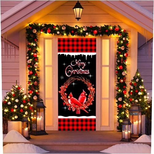 OWUH Christmas Decorations Red Cardinal Door Cover Christmas Cardinal Birds Door Decorations Christmas Cardinal Door Covers for Xmas Winter Party Outdoor Home Decor