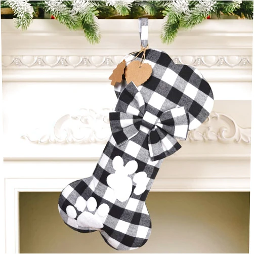 Free Yoka Dog Stocking Christmas Bone Shape White Black Buffalo Plaid Paw Christmas Stockings for Pet Decorations Xmas Gift Bag Ornaments Home Holiday Season Decor 1 Pack