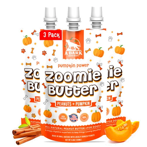 Zoomie Butter Pumpkin Power Dog Peanut Butter Spread, All Natural Dog Treat. Human Grade & Safe Puppy Food, Peanuts & Pumpkin for Shiny Coat, Digestion & Fiber, Enrichment Toys, Grown & Made in USA