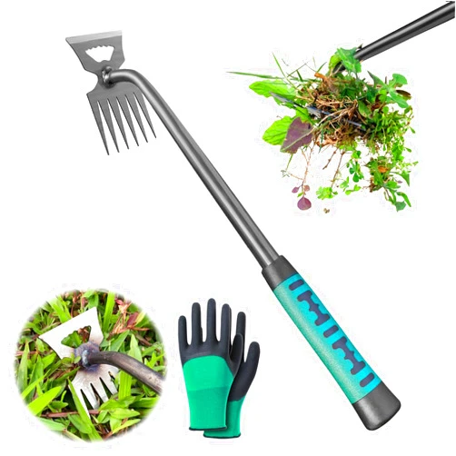 DAXIGUA Gardening Hand Weeder Tool, 2024 Upgraded Long Handle Weed Puller, Durable Manganese Steel Weeding Claw, Effective Uprooting Tool for Yard and Garden - Includes Gardening Gloves (6 Tines)