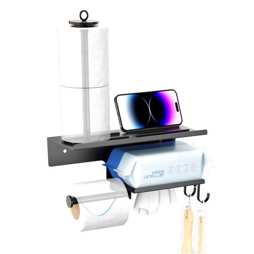 CLESOO Toilet Paper Holder with Phone Shelf, 4 in 1 Wall Mounted Toilet Roll Holder with Large Storage & 2 Hooks, Fit Mega Large Roll Size of Toilet Paper Dispenser for Bathroom Toilet Washroom