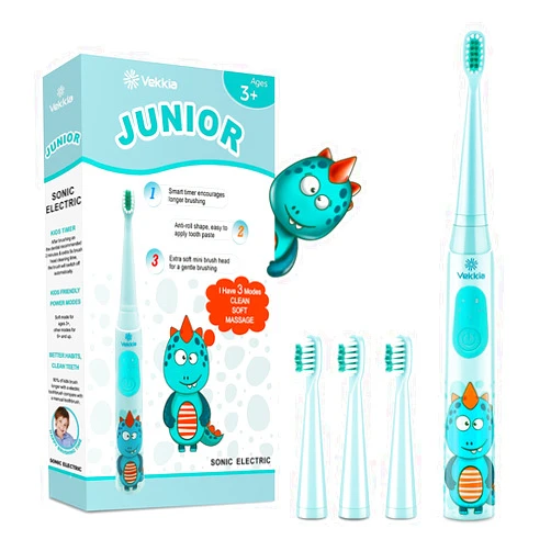 Vekkia Sonic Rechargeable Kids Electric Toothbrush, 3 Modes with Memory, Fun & Easy Cleaning, 24000 Strokes, IPX7 Waterproof, 2-Min Timer for Age 5+, 4 Soft Bristles(Blue)