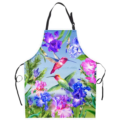 Dacawin Spring Hummingbirds Apron With Pocket Purple and Red Iris Flowers Waterproof Kitchen Apron with an Adjustable Neck with Long Ties Summer Birds Bibs for Grooming Cooking Baking Painting