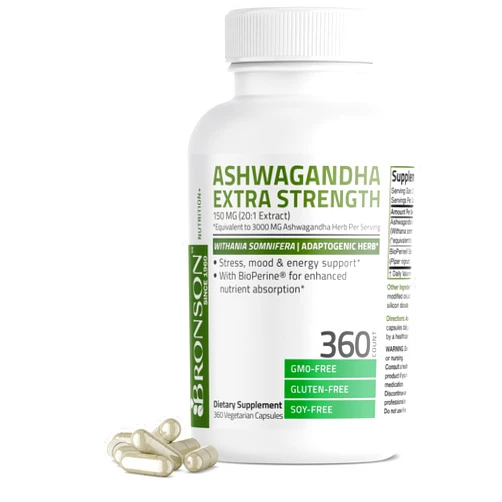 Bronson Ashwagandha Extra Strength Stress & Mood Support with BioPerine - Non GMO Formula, 360 Vegetarian Capsules