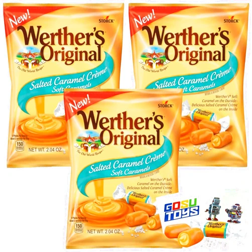 Gosu Toys Werthers Original Salted Caramel Creme Candy 3 Pack - 2.22oz bags - Individually Wrapped Wether Soft Caramel, Cream filled Soft Chew Candy with 2 Gosutoys Stickers