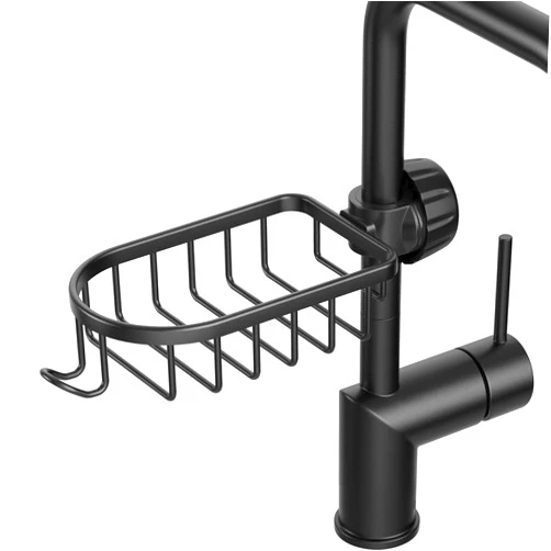 SVOPY Sponge Holder Kitchen Faucet - Adjustable Black Faucet Rack Suits for Mostly Faucets, Aluminum Detachable Kitchen Sink Caddy Organizer for Soap, Shampoo, Shower Caddy Shelf, Scrubbers