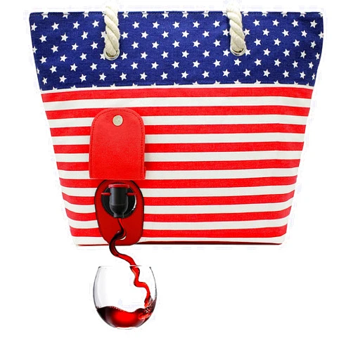 PortoVino Drink Tote Bag with Spout - Canvas Cocktail Bag Purse for Drinks with Hidden Dispenser for Wine Lovers - Holds and Pours 2 Bottles of Wine - Ideal for Beach, Travel, and Parties - USA Flag