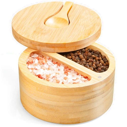 OUTNILI 2-Compartment Salt Box with Lid and Spoon, Bamboo Salt Cellar with Swivel Lid, Salt and Pepper Bowls for Salt & Spices, Dual 6 oz Salt Container