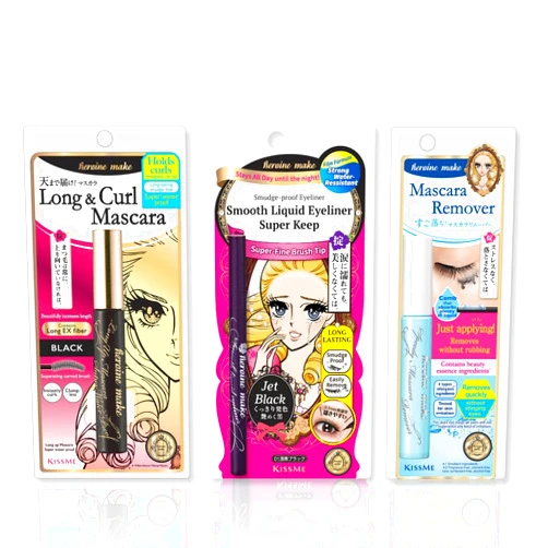 Heroine Make by Kissme Combo Set, Long up Mascara Super Waterproof, Black + Speedy Mascara Remover from Japan + Smooth Liquid Eyeliner Super Keep, Jet Black