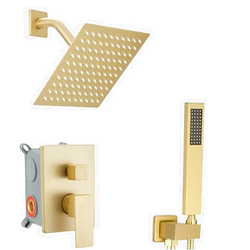 Heable Brushed Gold Shower System with High Pressure 8'' Rainfall Shower Head, Handheld Shower head, Bathroom Luxury Rain Mixer Shower Combo Set Wall Mounted Shower Faucet Rough-in Valve and Trim Kit